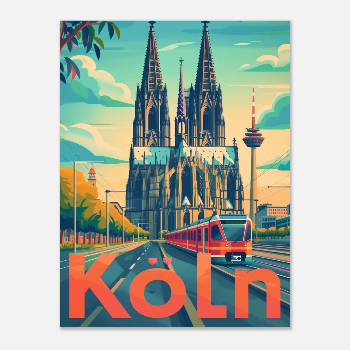 Koln Cologne Cathedral Tram Street Daytime Vintage Travel Poster - Image 2
