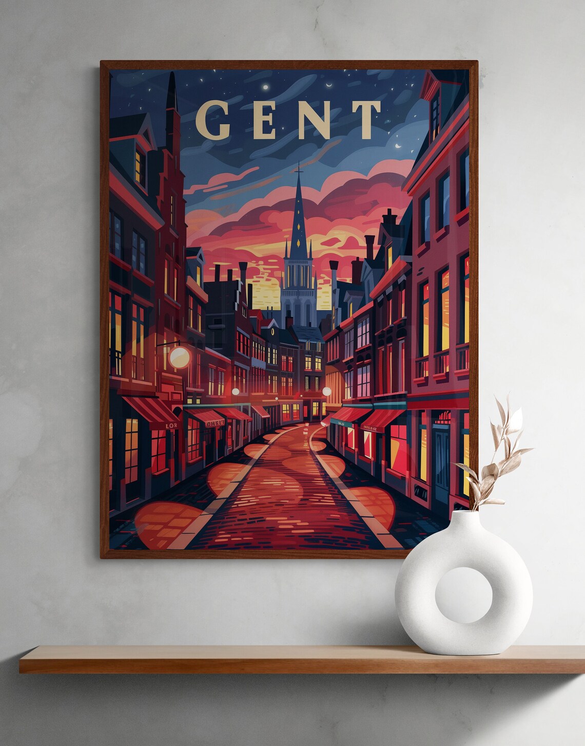 Ghent Belgium Night Street Old Town Church Tower Sunset Travel Poster