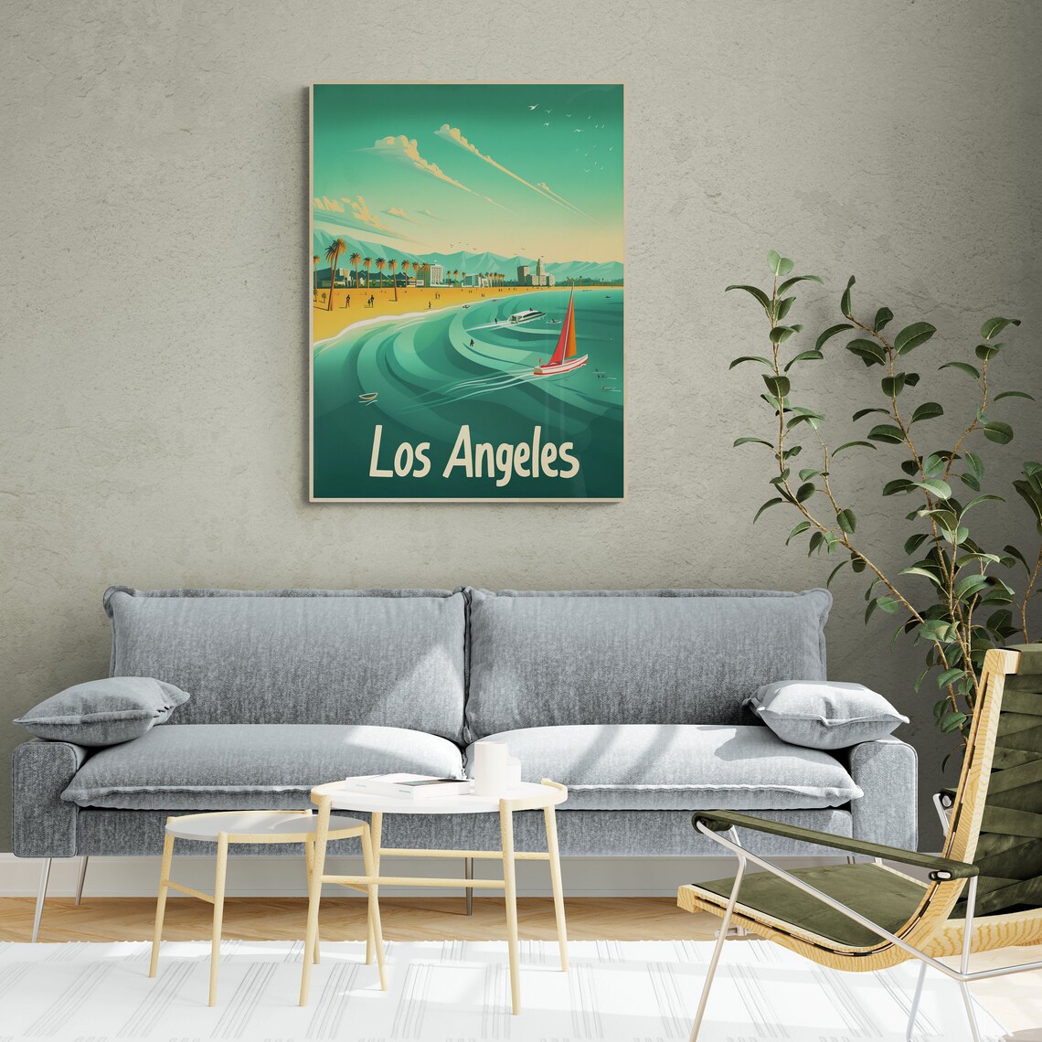 Los Angeles Beach Palms Sailboat Retro California Travel Poster - Image 3