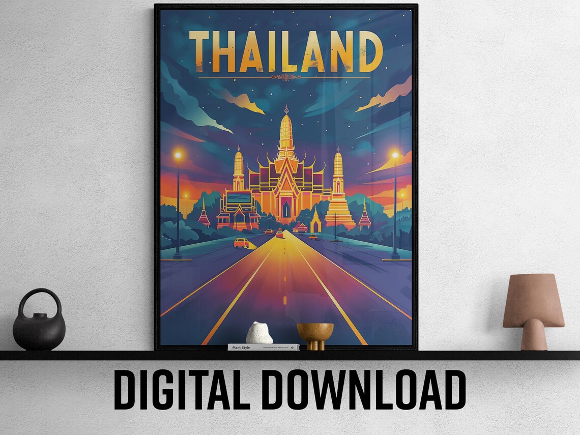 Thailand Glowing Golden Temple Night Street Colorful Travel Poster