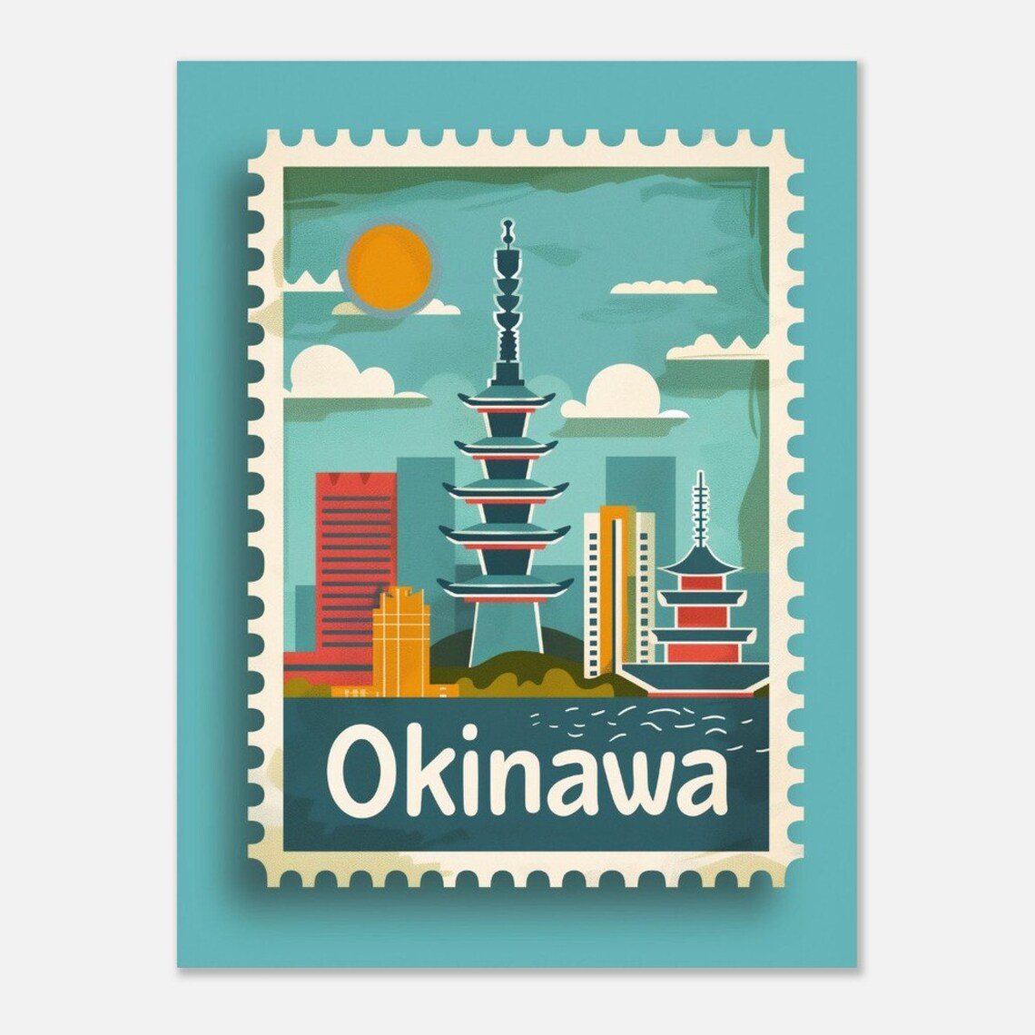 Okinawa Japan Pagoda City Skyline Vintage Travel Stamp Poster - Image 2