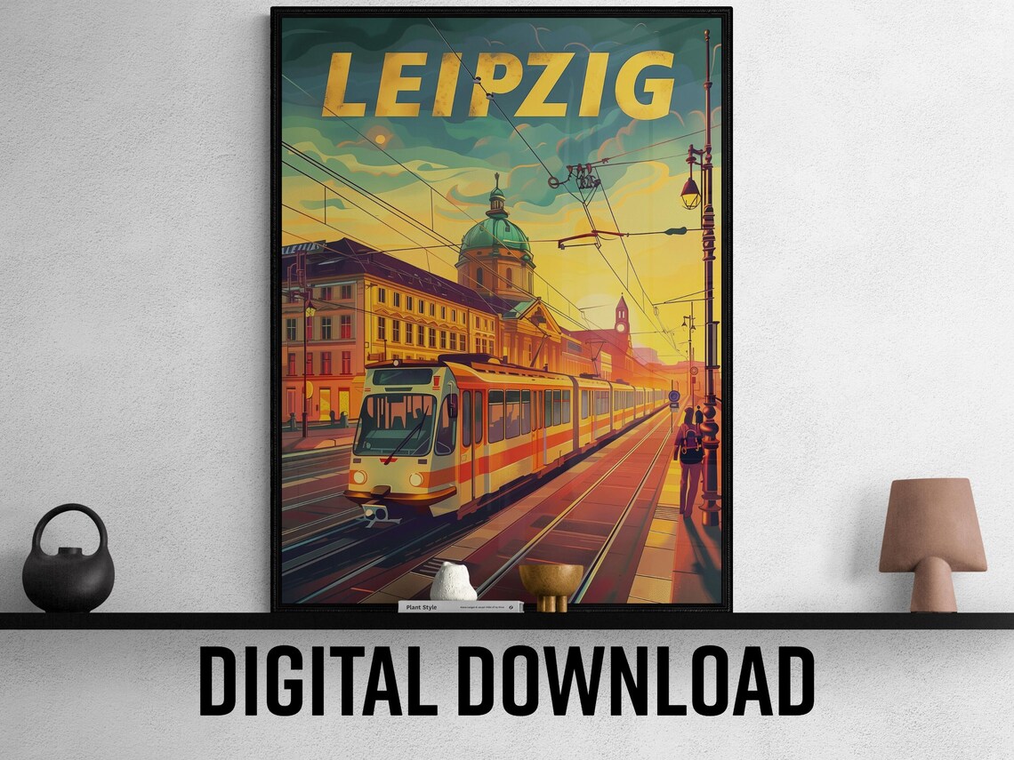 Leipzig Germany Vintage Tram Sunset Retro City Travel Poster