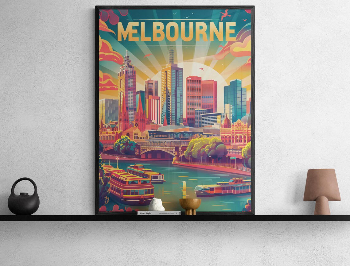 Melbourne City Skyline and River Boats Vintage Urban Travel Poster - Image 2