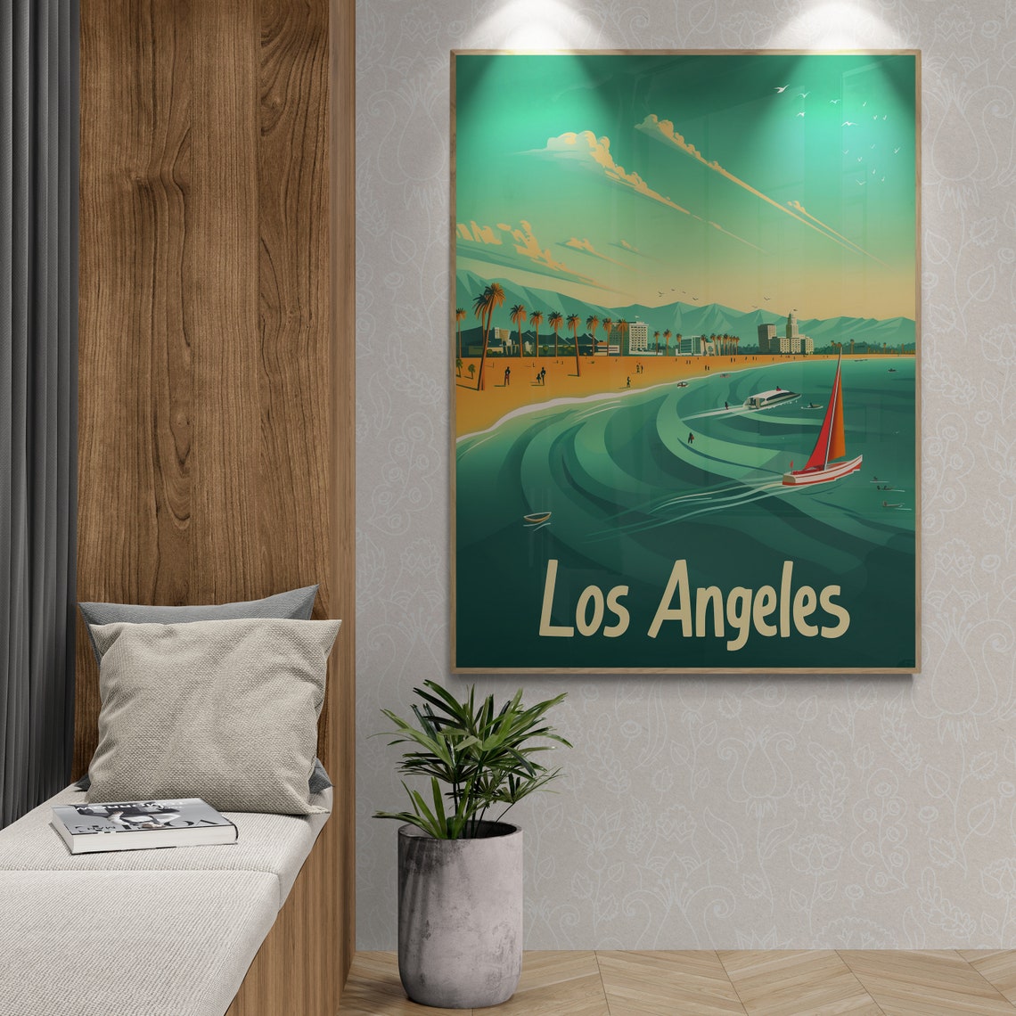 Los Angeles Beach Palms Sailboat Retro California Travel Poster - Image 4