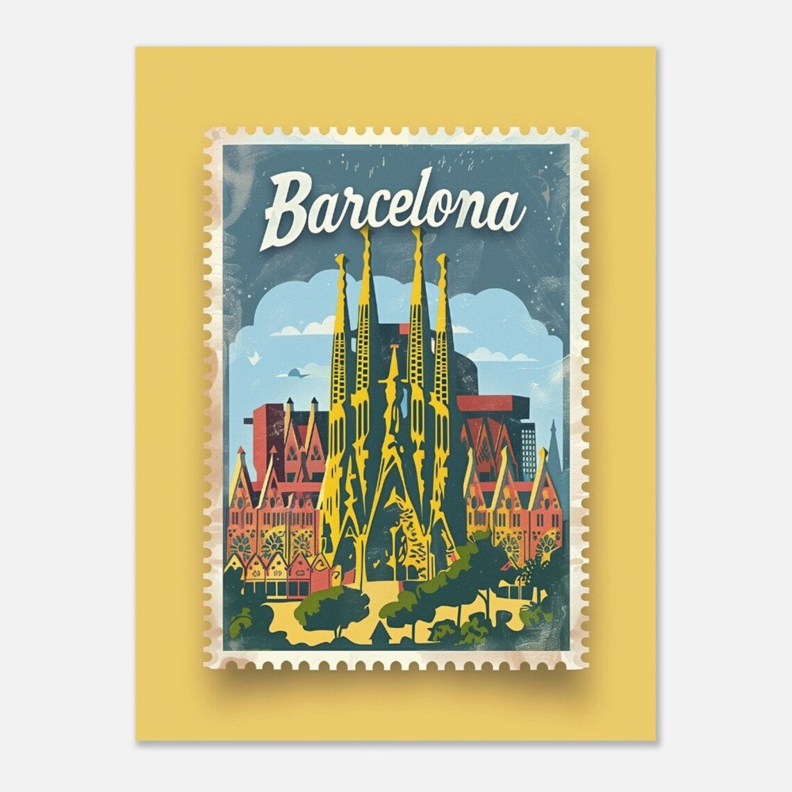 Barcelona Sagrada Familia Cathedral Stamp Style Spain Travel Poster - Image 2