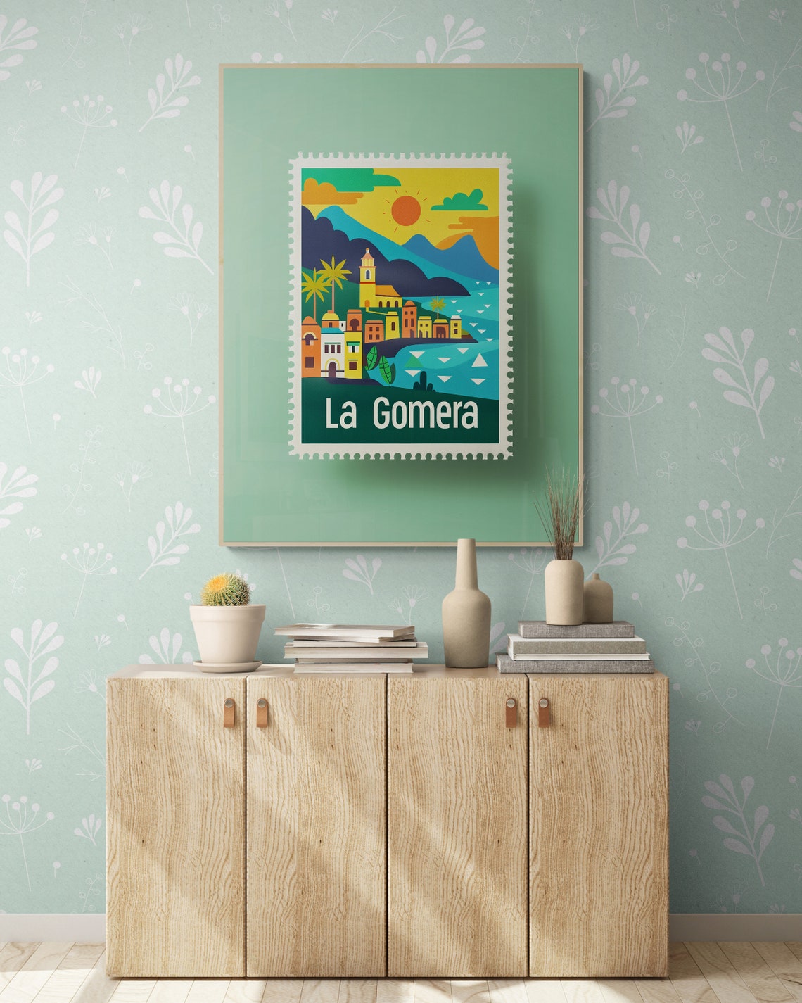 La Gomera Coastal Town Mountains Sun Postage Stamp Style Travel Poster - Image 3