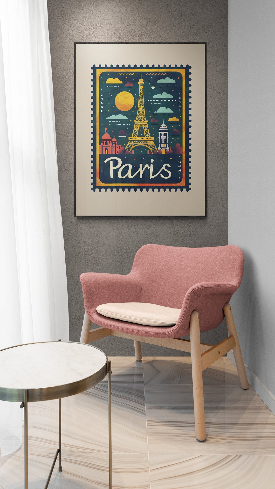 Paris Golden Eiffel Tower Night Sky Postage Stamp Style Travel Poster - Image 5