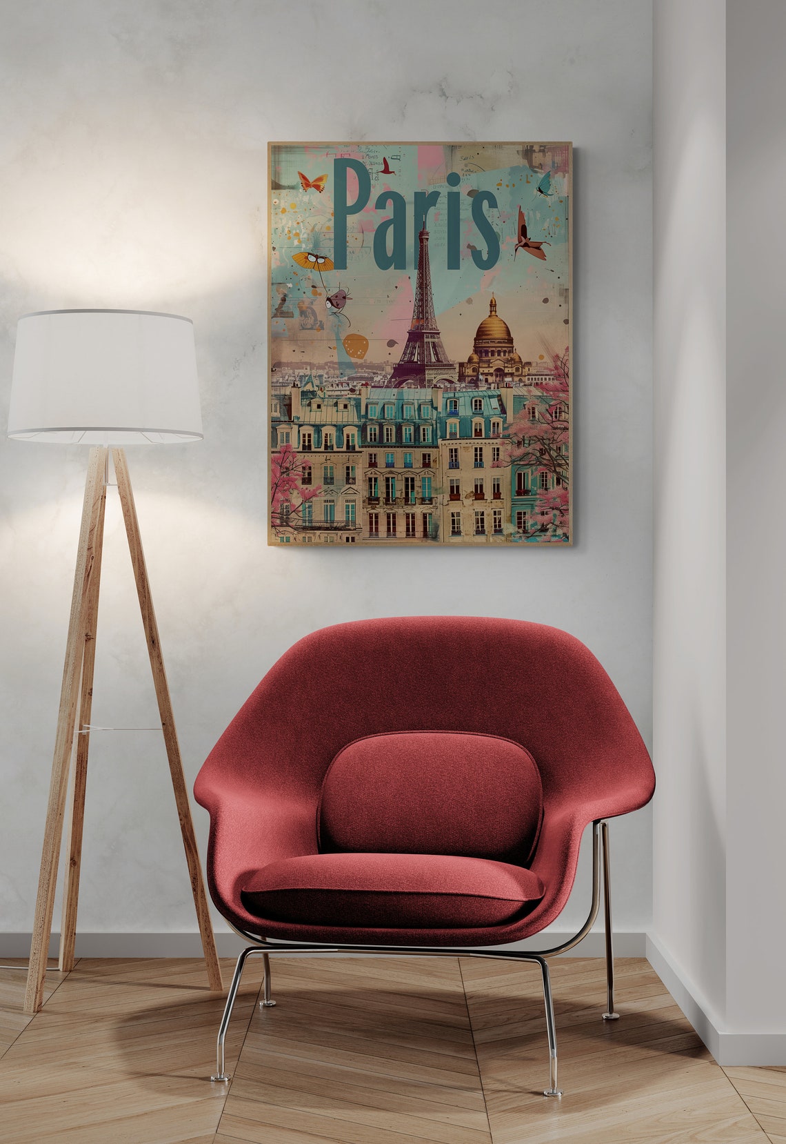 Paris Eiffel Tower Butterfly Collage Teal Vintage France Travel Poster - Image 3
