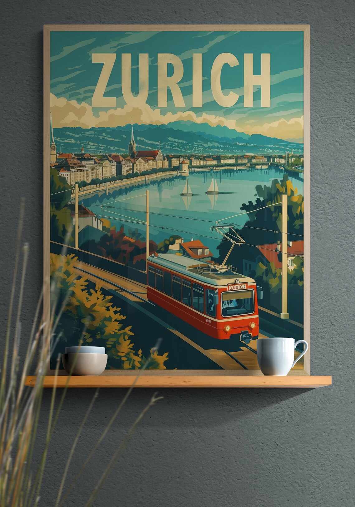 Zurich Red Tram Lake and Mountain Cityscape Vintage Travel Poster - Image 3
