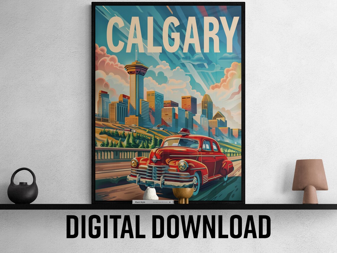 Calgary Downtown Calgary Tower Red Classic Car Bridge Travel Poster - Image 2