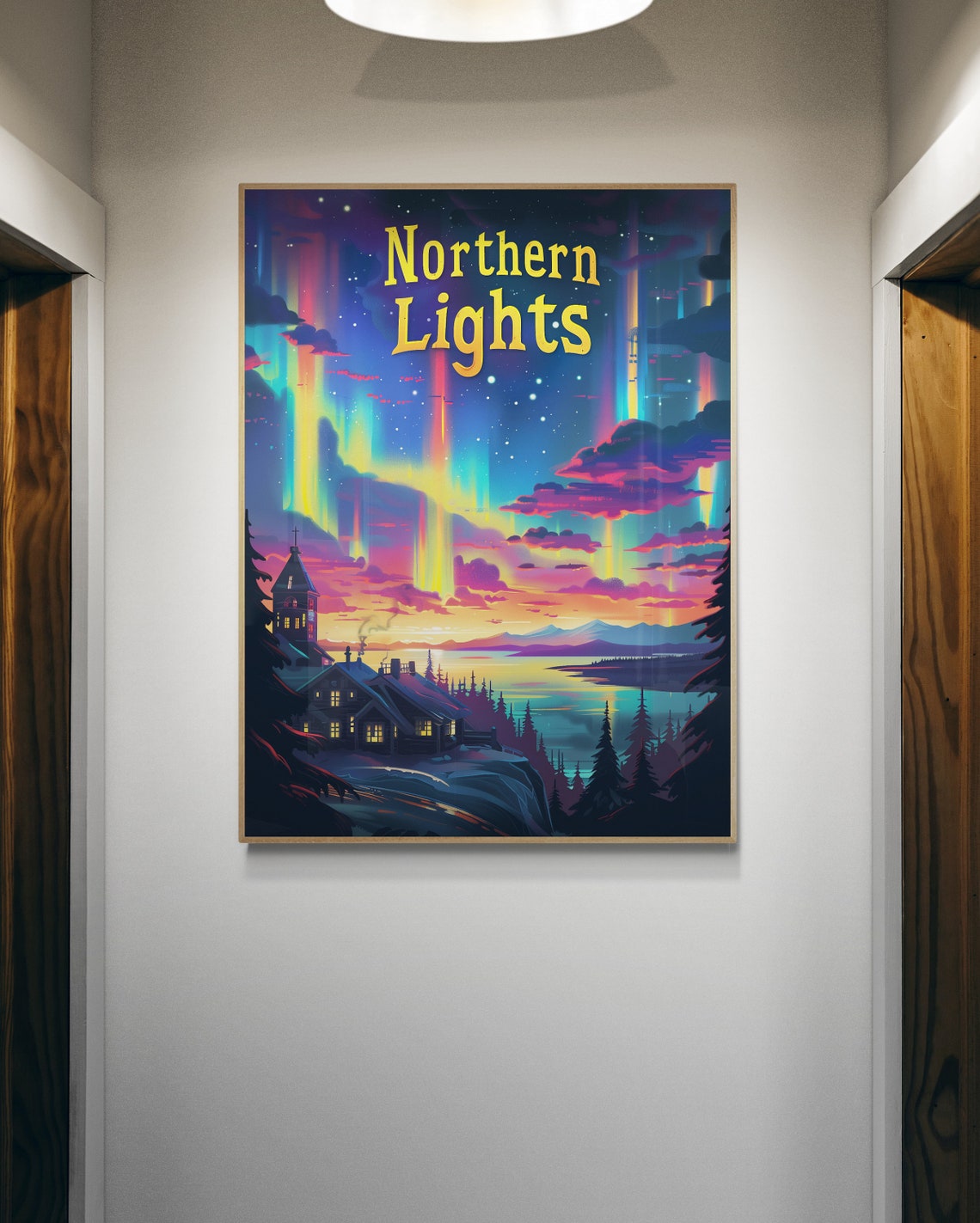 Northern Lights Aurora Cabin Lake Snowy Pines Night Sky Travel Poster - Image 5