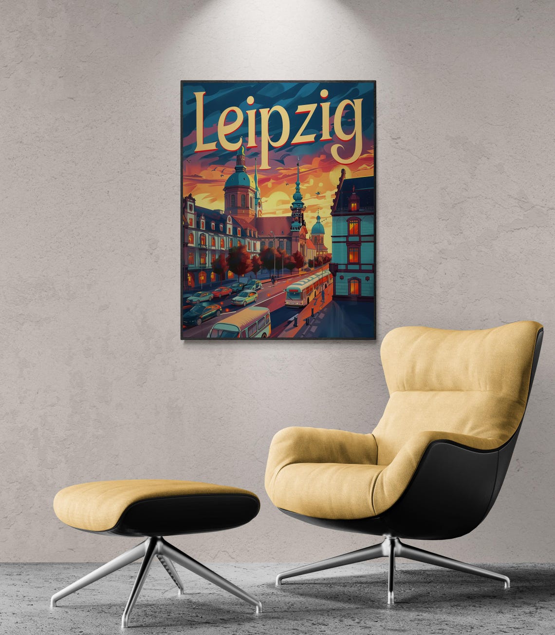 Leipzig Vintage Dusk Old Town Cathedral Skyline Travel Poster