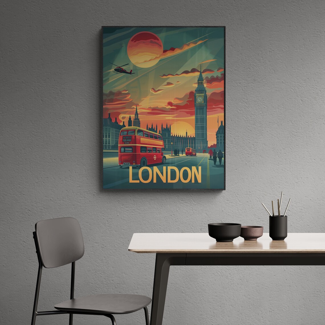 London Big Ben Red Double Decker Bus Retro Sunset Travel Poster - Image 3