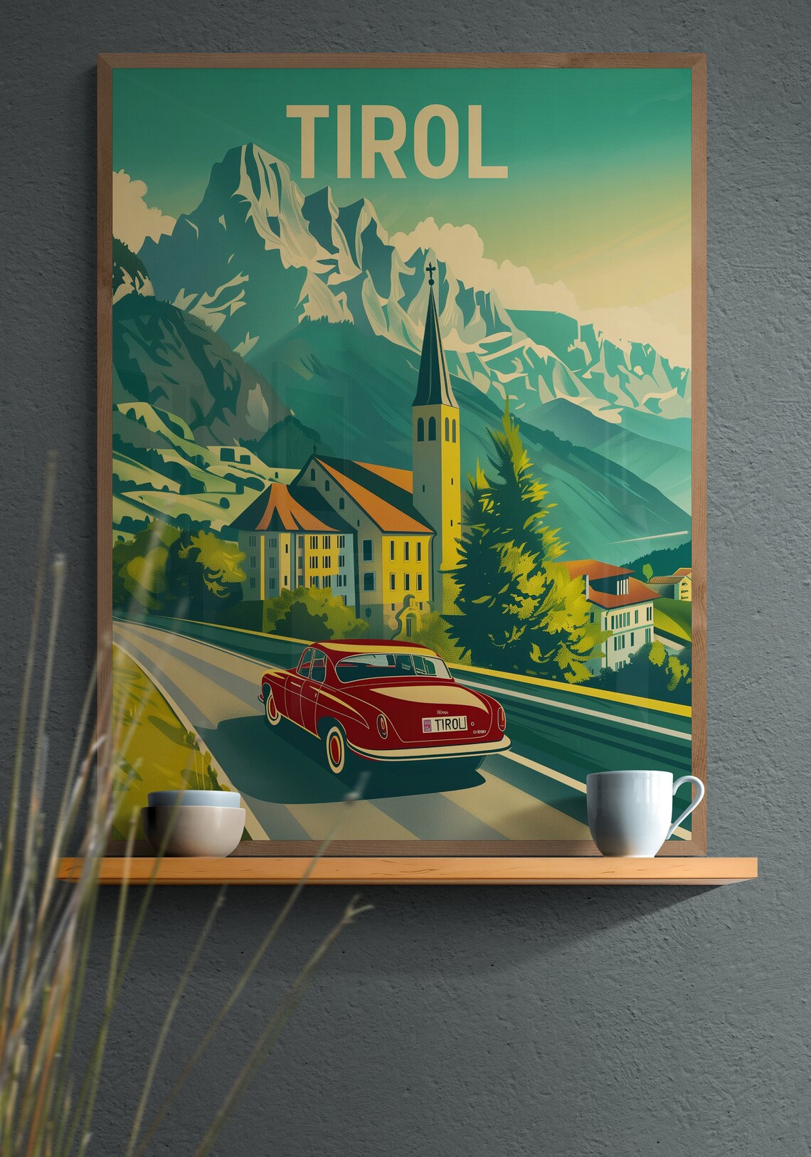 Tirol Alpine Village Church and Classic Red Car Vintage Travel Poster - Image 4