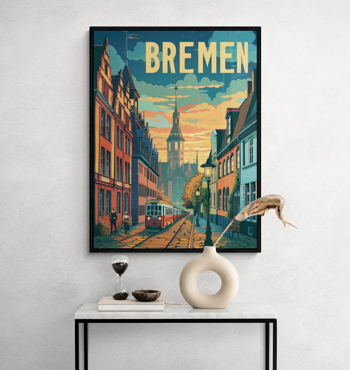 Bremen Historic Street Tram and Church Tower Vintage Travel Poster