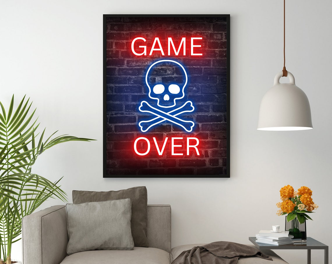 Game Over Neon Sign Skull Crossbones Brick Wall Gaming Poster - Image 3