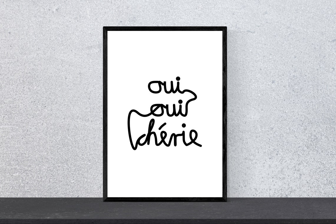 Oui Oui Cherie French Quote Hand Lettered Script Minimal Decor Poster