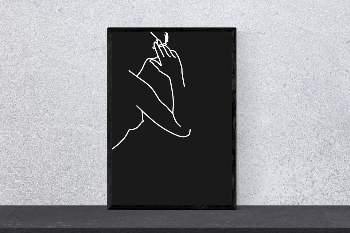 Woman Smoking Line Art on Black Background Minimal Sketch Poster