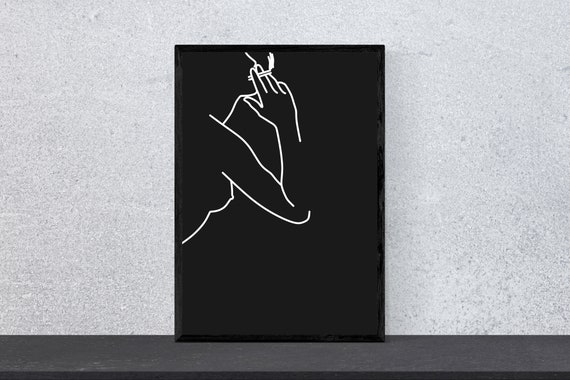Naked Lines Woman With Cigarette Art Print Minimal Modern Wall Art Din A4 Black White Sketch Nude Erotic Gift For Her