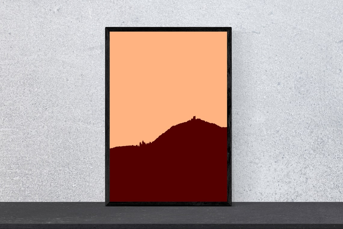 Maroon Mountain Silhouette on Peach Sky Minimal Modern Art Poster