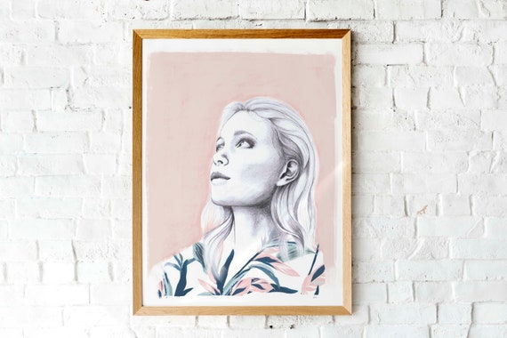Art Portrait Mixed Media Sketch Look Up Girl Portrait Art Print Hand Drawn Woman