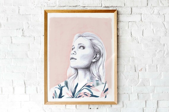 Sketch Portrait Blonde Woman Looking Up Pink Mixed Media Art Print