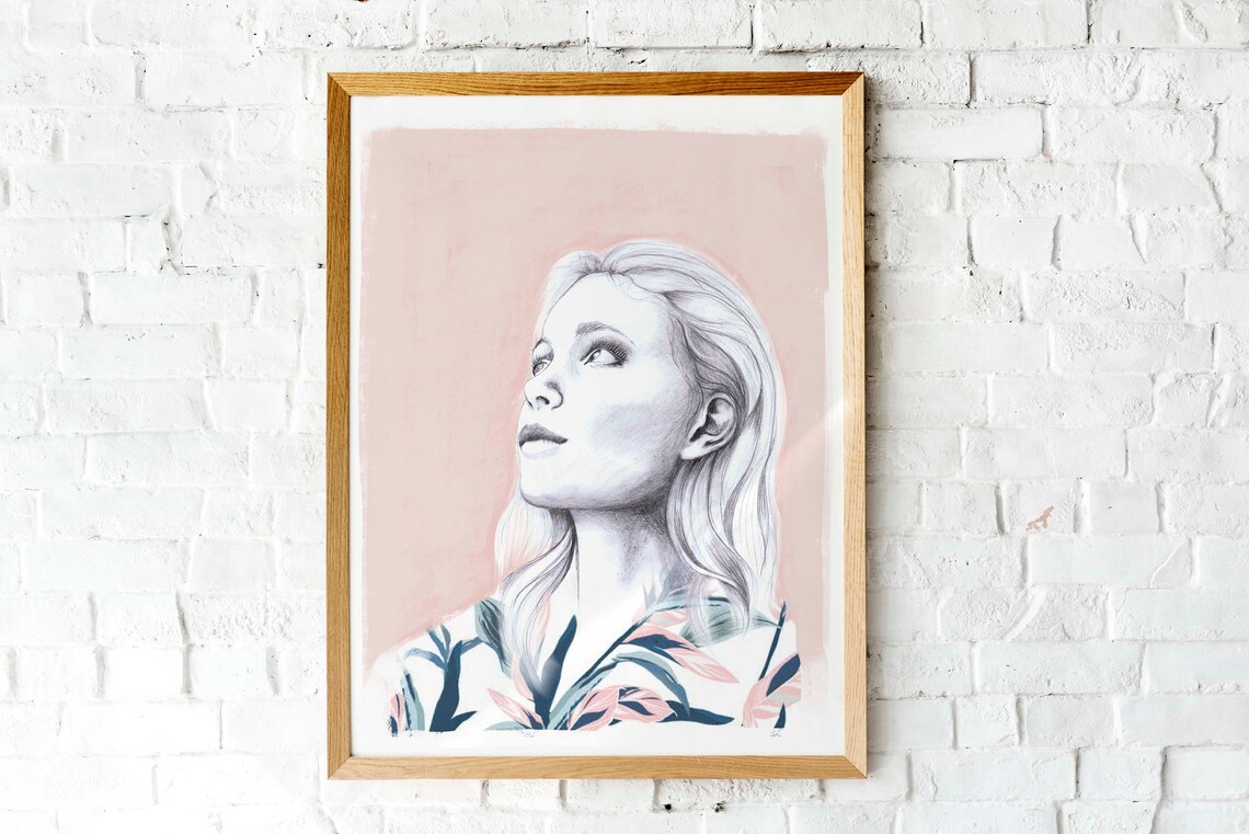 Sketch Portrait Blonde Woman Looking Up Pink Mixed Media Art Print