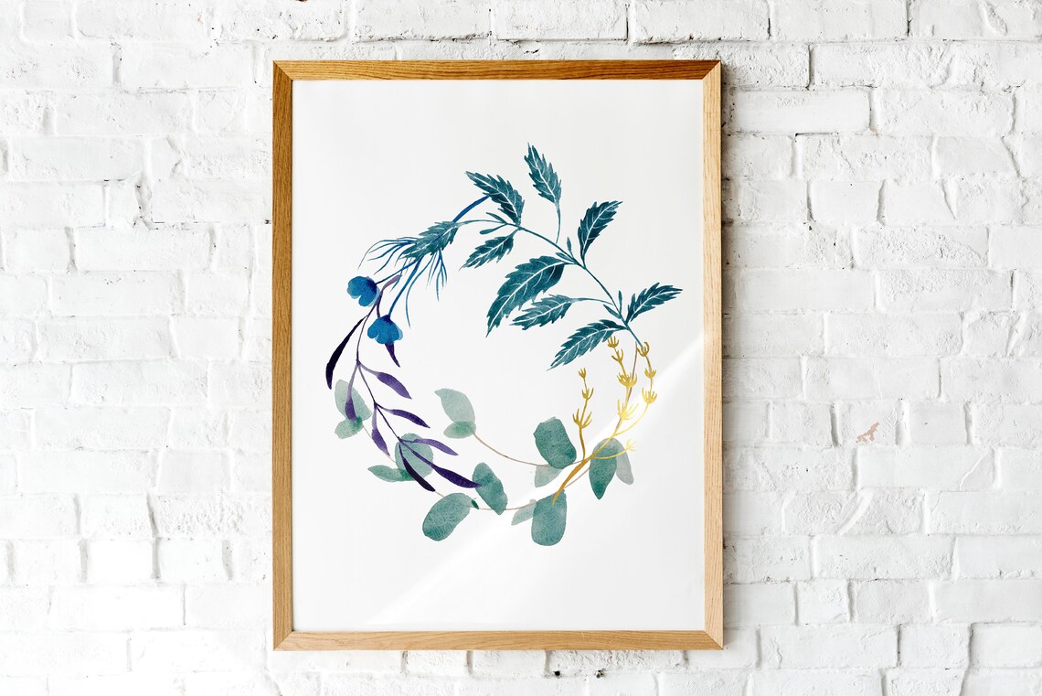 Watercolor Botanical Wreath Blue Teal Green Leaves Round Art Print