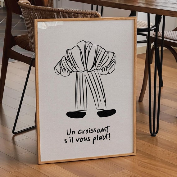 Funny Croissant Poster Print, French Kitchen Doodle