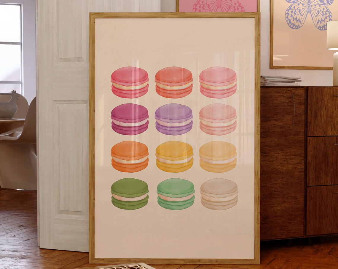 Colorful Watercolor Macarons Grid Art Print for Kitchen Decor