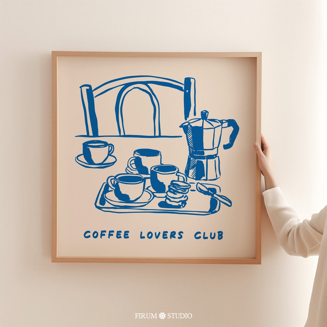 Coffee Lovers Club Blue Line Art Print with Moka Pot and Espresso Cups