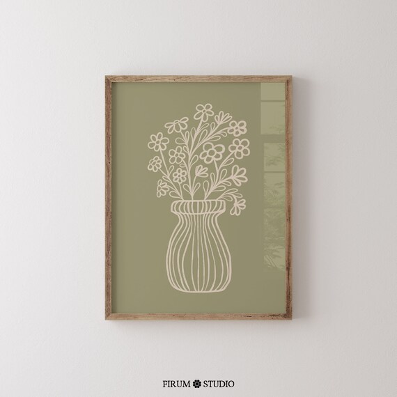 Cream Vase of Wildflowers on Sage Green Neutral Nursery Art Poster