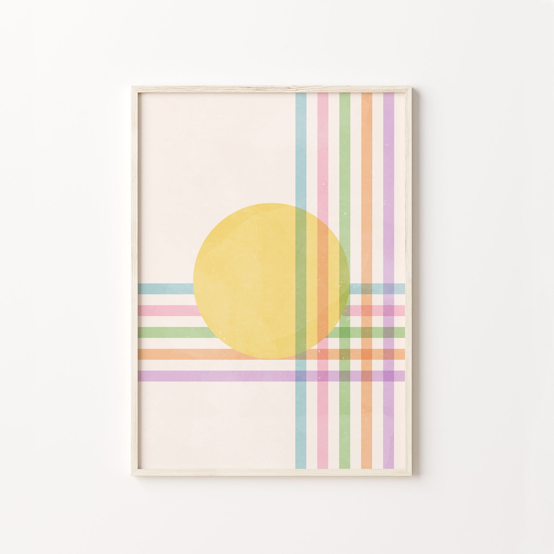 Yellow Sun Pastel Rainbow Stripes Geometric Bauhaus Style Art Poster