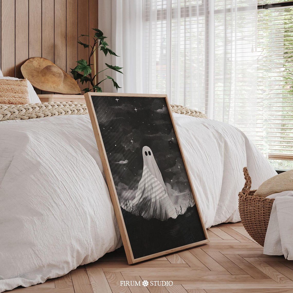 Cute Ghost Starry Night Moody Halloween Black White Art Print - Image 2
