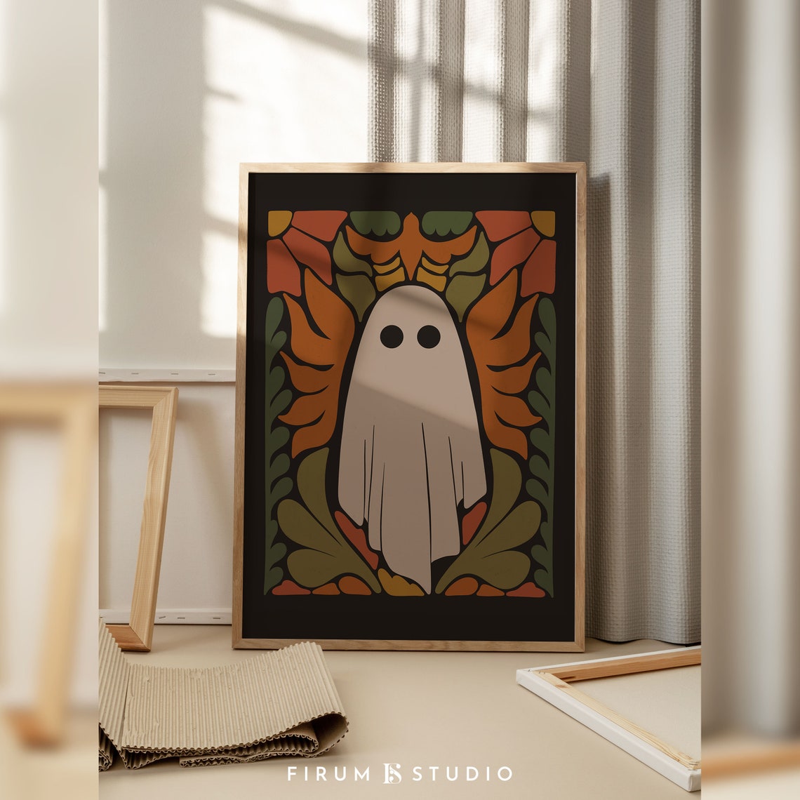 Cute Ghost Retro Autumn Floral Dark Halloween Vintage Wall Art - Image 2