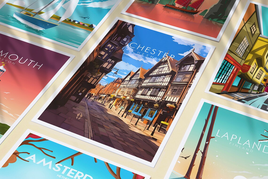 Chester Cheshire England Tudor Row Historic Street Travel Poster - Image 3