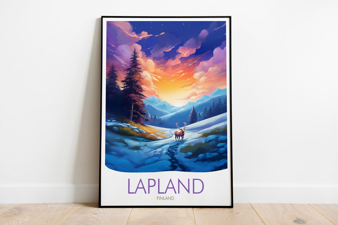 Lapland Finland Reindeer Snowy Valley Winter Sunset Sky Poster - Image 2