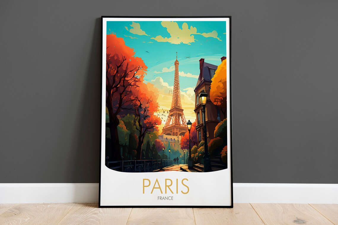 Romantic Paris France Eiffel Tower Autumn Street Scene Travel Poster