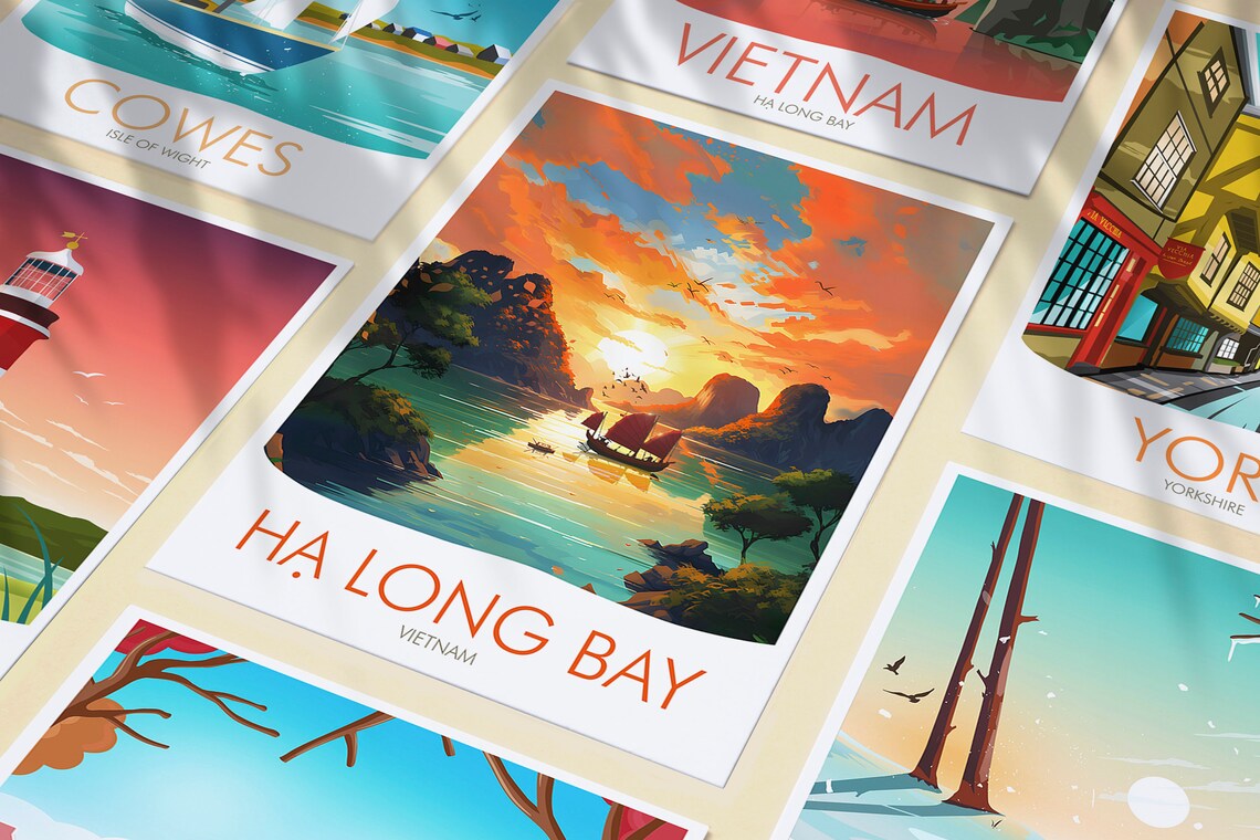 Ha Long Bay Vietnam Junk Boat Karsts Golden Sunset Travel Poster - Image 3