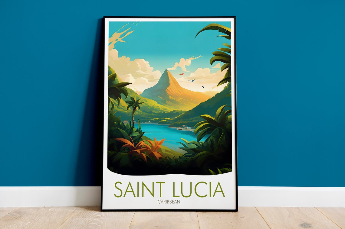 Saint Lucia Caribbean Volcanic Peak Tropical Bay Travel Poster