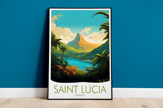 Saint Lucia Caribbean Volcanic Peak Tropical Bay Travel Poster