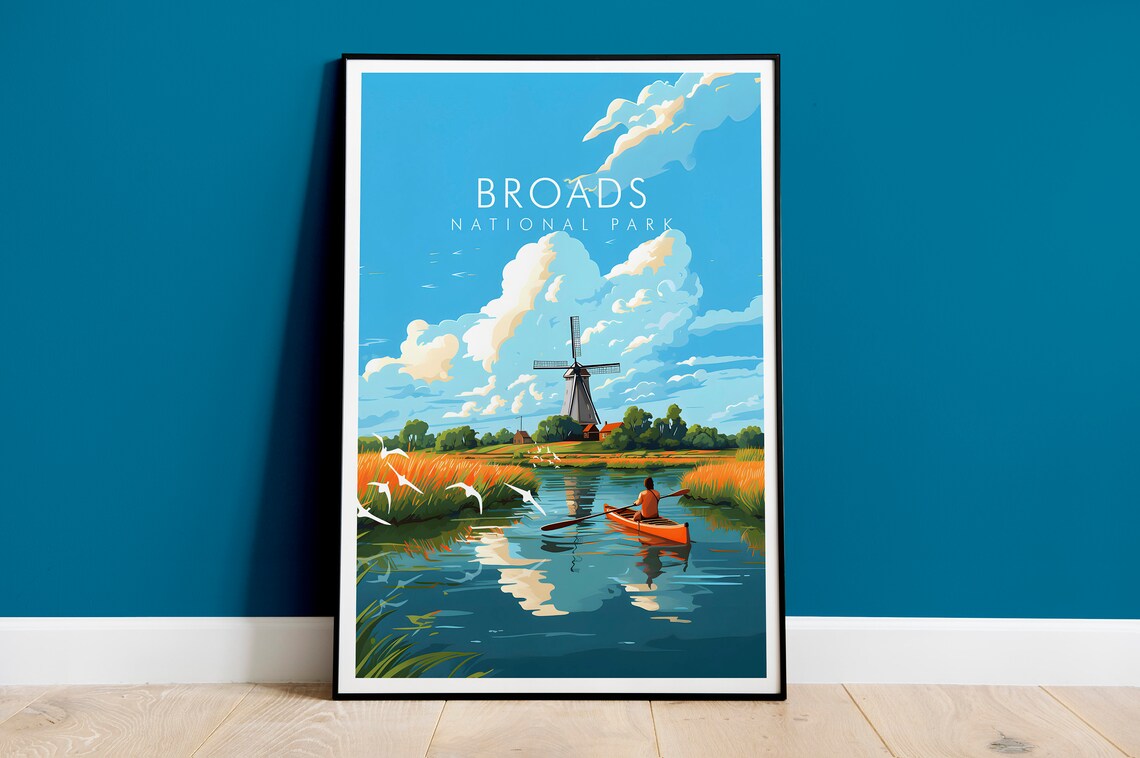 Broads National Park Windmill Kayak Waterway Classic Travel Poster