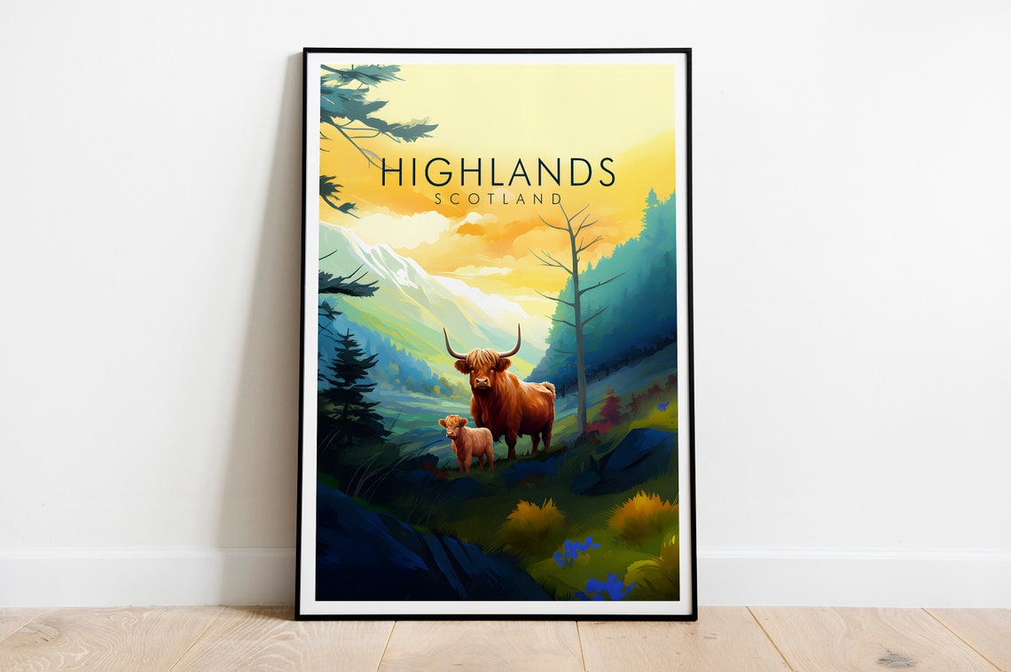 Scottish Highlands Highland Cow Calf Sunset Mountain Travel Poster - Image 2