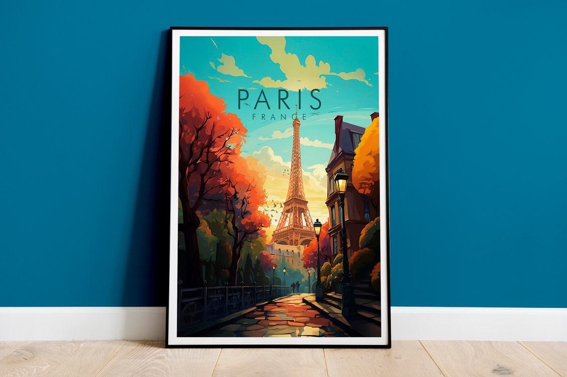 Paris France Eiffel Tower Golden Autumn Walkway Travel Poster