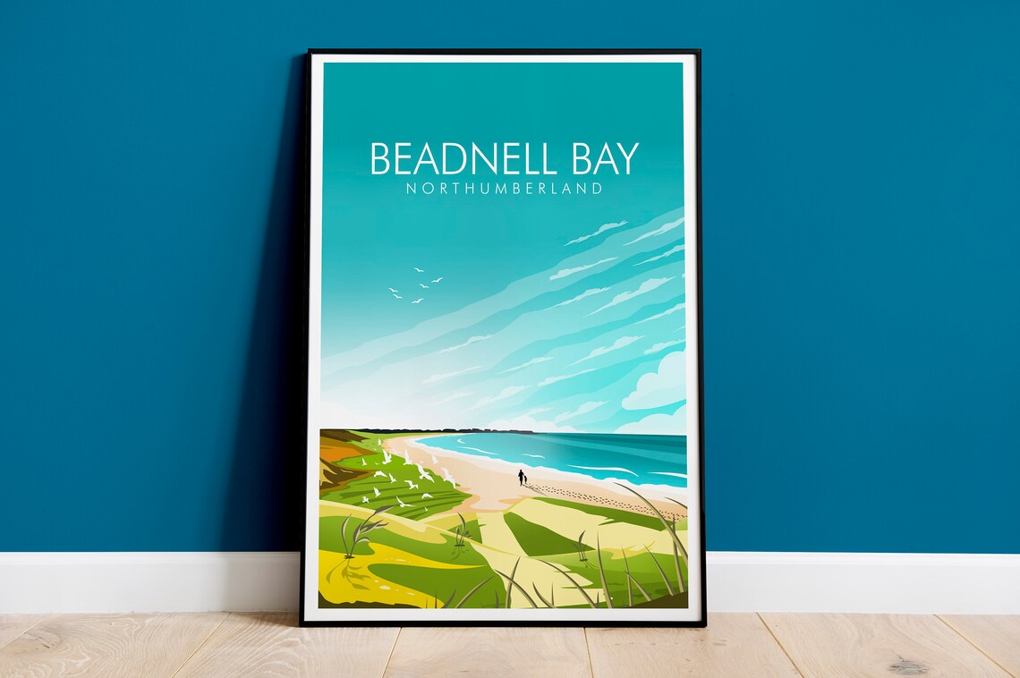 Beadnell Bay Northumberland Coastal Beach Dunes Vintage Travel Poster