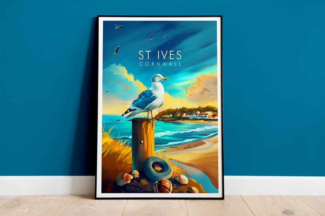 St Ives Cornwall Seagull on Post Beach Scene Coastal Art Travel Poster