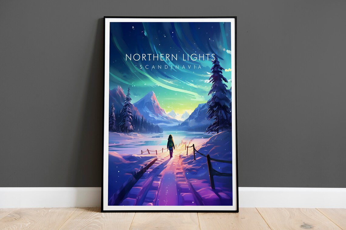 Northern Lights Scandinavia Aurora Snowy Night Travel Poster