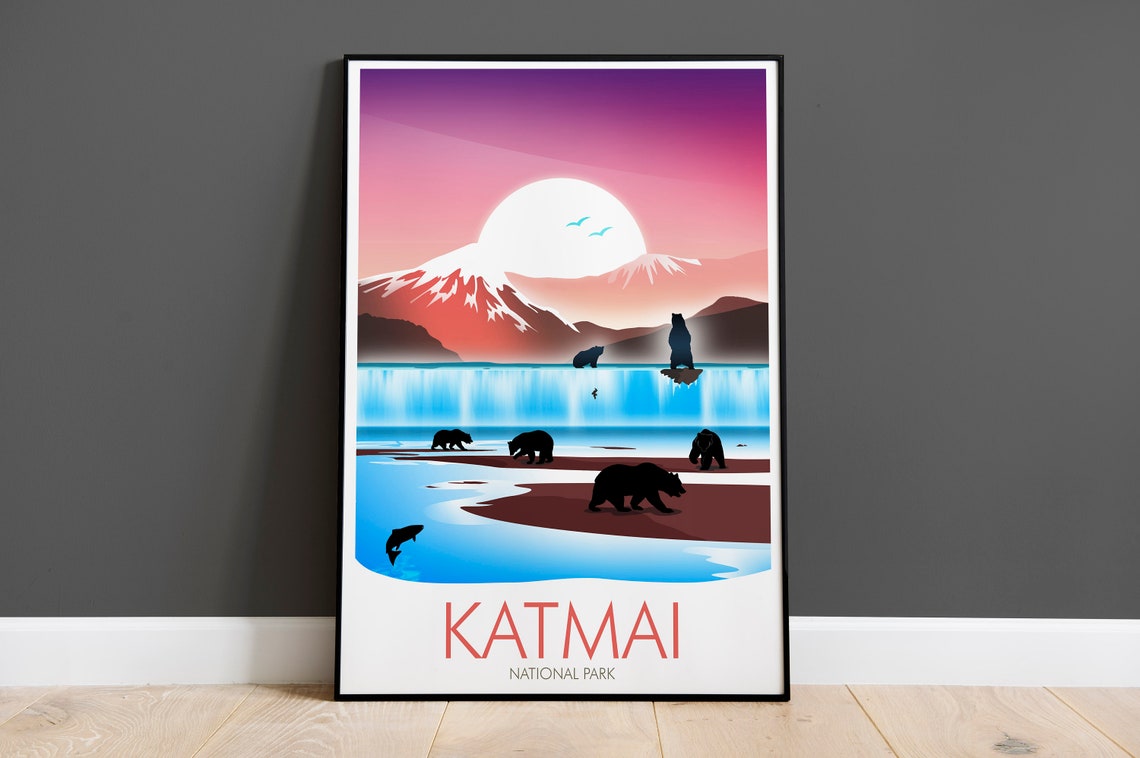 Katmai National Park Alaska Bears Salmon Fishing Falls Poster