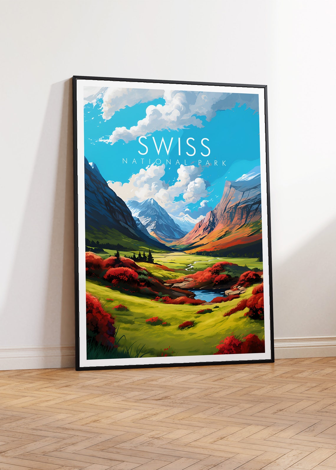 Swiss National Park Alpine Peaks Meadow Retro Mountain Art Poster - Image 2