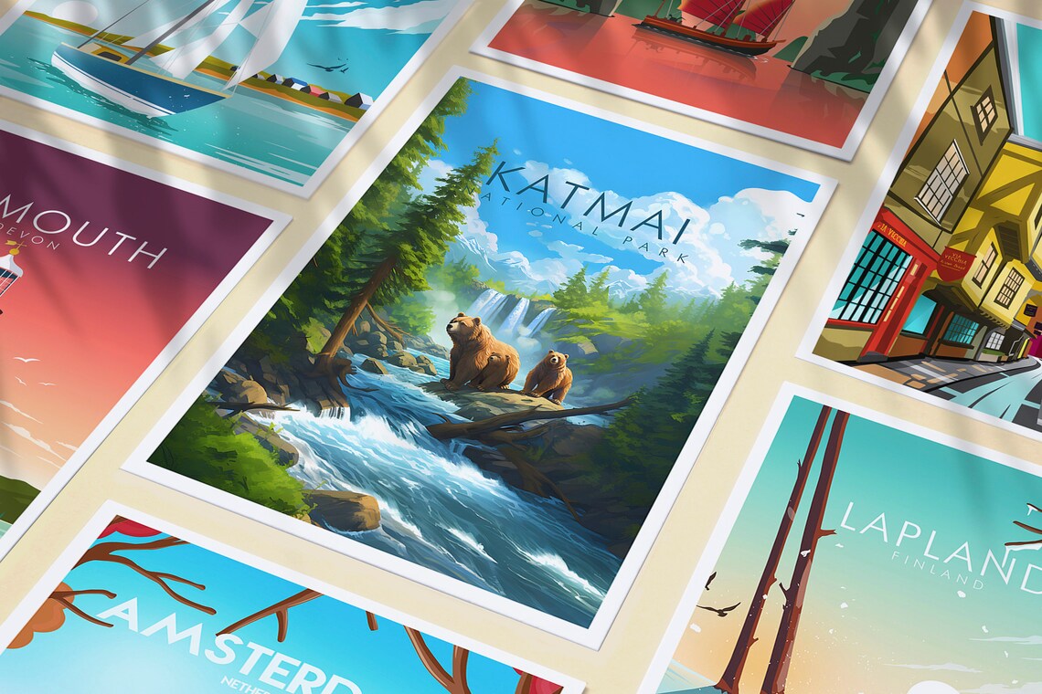 Katmai National Park Alaska Brown Bears Waterfall Poster Art - Image 3